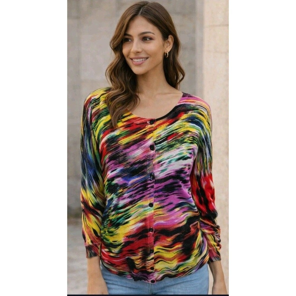 Joseph A Sweater Cardigan Size M Artsy Look 3/4 Sleeve Rayon Button